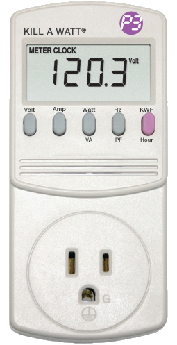 A Kill A Watt electricity usage monitor
